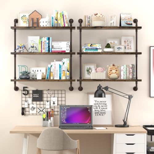 Helsin 3 Tier Industrial Pipe Shelf Rustic Wood Floating Wall Display Bookshelf Storage Rack Sundries Holder for Kitchen