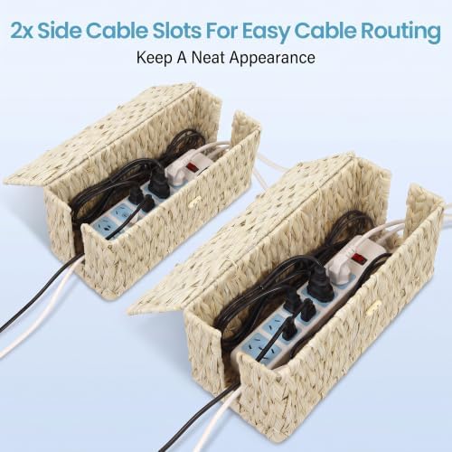 efluky 2 Pack Plastic Floor Cord Covers with Lid, Hand-Woven Cable Management Box, 2 Open Slots Cord Box to to Hide USB 