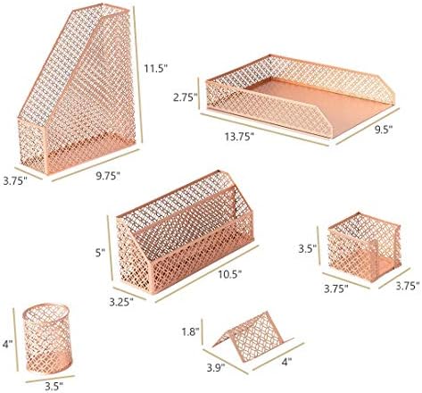 BLU MONACO | Rose Gold Desk Organizer Set | 6 Piece Metal Office Desk Organizer with Mail Sorter, Pen Cup, Sticky Note Holder, Magazine File, Card Holder, Paper Tray | Desk Organizers and Accessories
