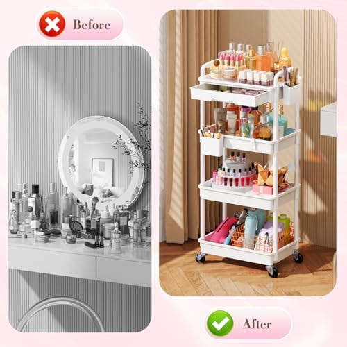 SUNALLY Makeup Cart Organizer with Drawer,4 Tier Rolling Makeup Cart, White