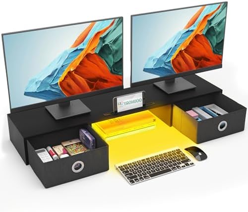 YAOHUOO Dual Monitor Stand with LED Light 2 Drawers, Computer Monitor Riser for 2 Monitors, Large Desktop Organzier with