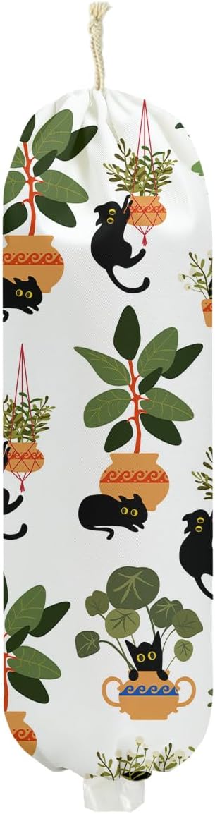Cat Plastic Bag Holder 22.5x9 Inch, Greenery Wall Mount Plastic Bag Holders for Grocery Bags, Reusable Grocery Bags Storage Dispenser for Home Kitchen Pantry Decor, Plant Gifts for Women Cat Lovers