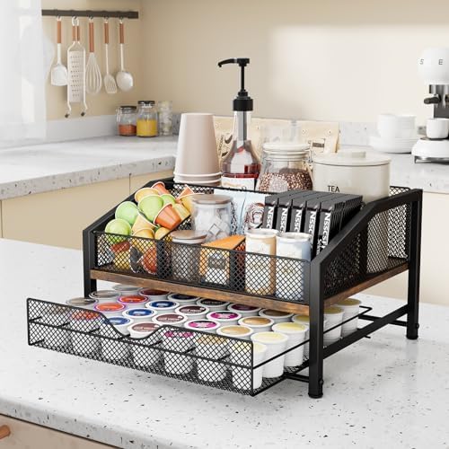 Homsorout Coffee Bar Organizer, Metal & Wood Coffee Station Holds 42 K Cup