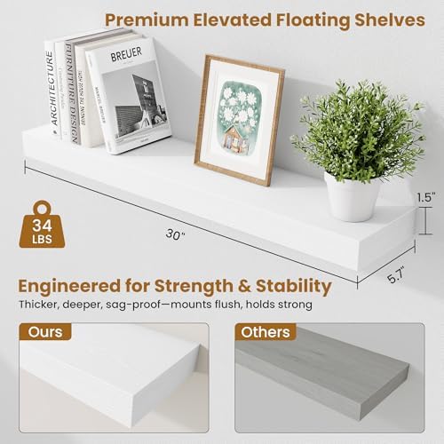 Fun Memories Floating Shelves 30 Inch, Wall Mounted Wood Shelf Set of 2, Farmhouse Decor for Bathroom, Bedroom, Kitchen,