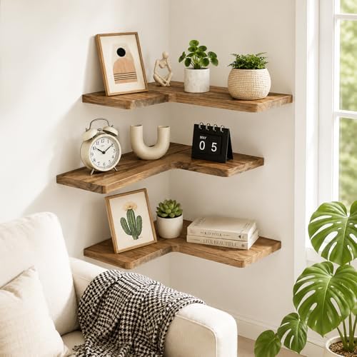 Solid Wood Corner Floating Shelves, L-Shaped, Oak, Set of 3