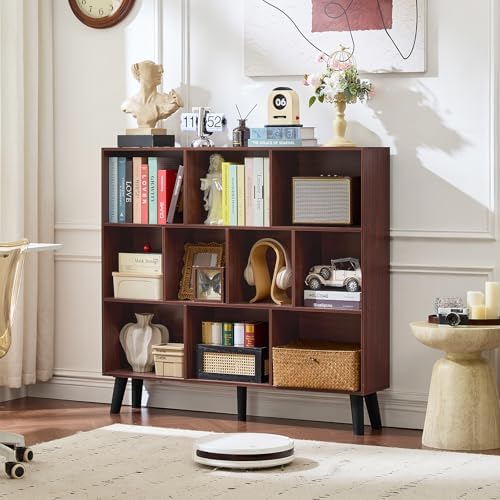 LEYAOYAO 10 Cube Bookshelf, Mid-Century Modern Book Shelf with Legs, Walnut