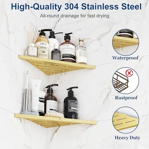 Qeke 10" Corner Shower Shelves 304 Stainless Steel, Brushed Golden, 2 Pack