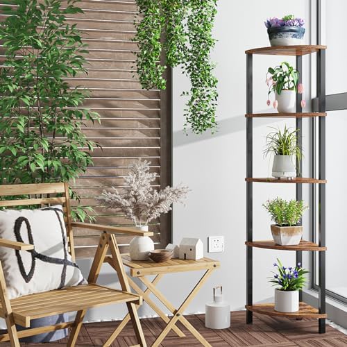 VIMBER Corner Shelf, 5-Tier Corner Bookshelf, Industrial Corner Ladder Shelf, Rustic Display Shelf for Living Room, Bedr