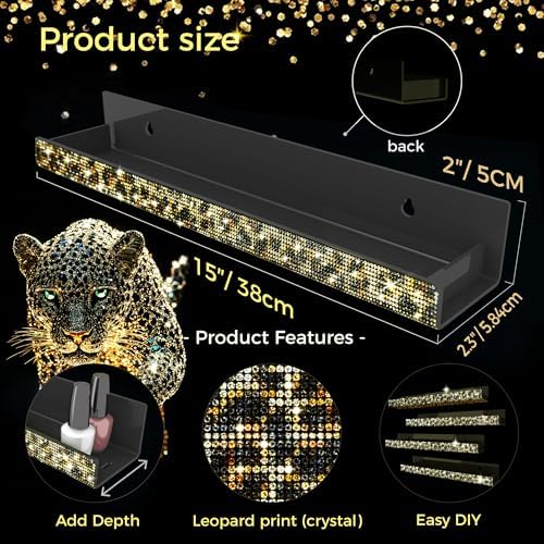 Nail Polish Wall Shelf -15 Inch Acrylic Black with Bling Leopard Print Sparkling Crystal Rhinestone, Essential Oil Organ