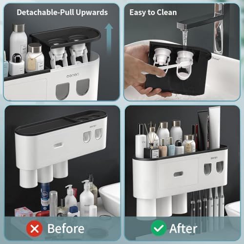Toothbrush Holders Wall Mounted, Toothbrush Holder with Automatic Toothpaste Dispensers, 6 Brush Slots, 3 Magnetic Cups,