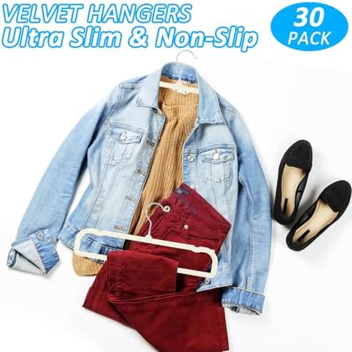 Pants Hangers Non Slip, 30 Pack Velvet Hanger for Closet with 30 Hooks, Strong Durable Space Saving Slim Pants Hanger, Ultra Thin & Space Saving Flocked Hangers for Pants/Shirts/Shorts/Bra (Cream)