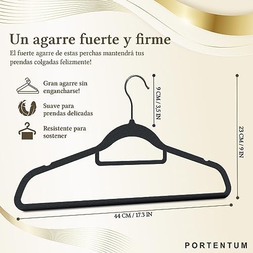PORTENTUM Velvet Hangers, Pack of 10, Black, Accessory Holder, 360º Hook, Space Saving, Notches for Dresses, Non-Slip Hangers, for All Types of Clothes, Made in Spain