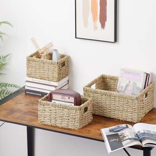 Vagusicc Wicker Basket, Set of 3 Hand-woven Storage Baskets for Organizing, Seagrass Wicker Storage Basket Bins with Han
