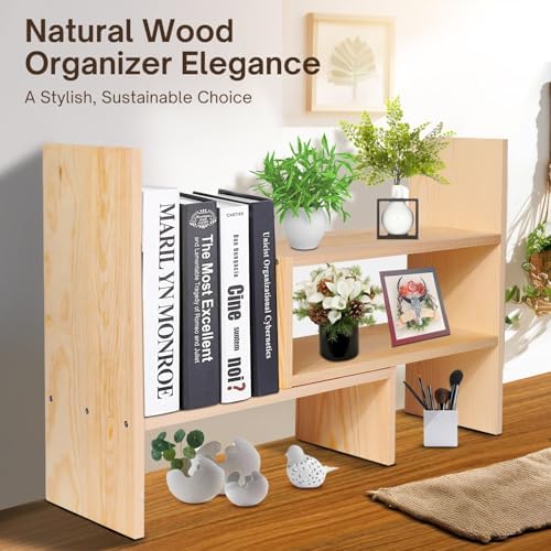 Flexzion Natural Wooden Desktop Shelf Wood Caddy Desk Organizer Set Office Storage Adjustable Expandable Tabletop Access