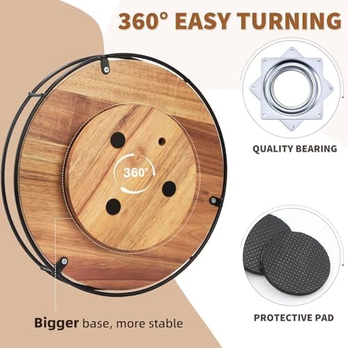12" Acacia Wood Lazy Susan, Tomoaza Kitchen Organizer Turntable with Steel Sides, 360 Degree Turntable for Countertop Ca