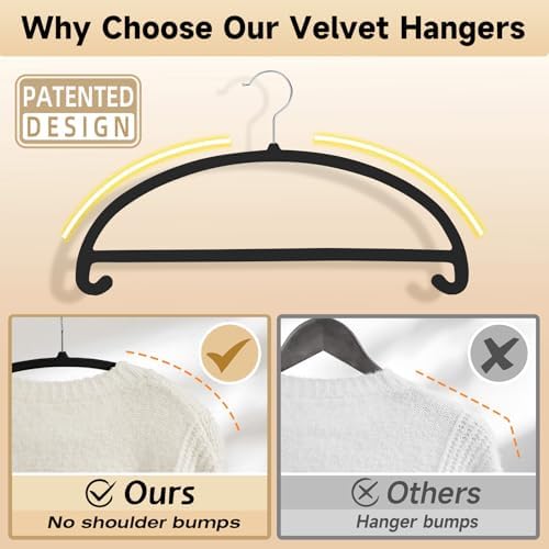 MIZGI 50 Pack Black Velvet Hangers - No Shoulder Bumps, Heavy Duty Non-Slip Chrome Hooks for Jackets, Coats, Pants