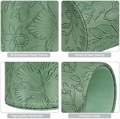 Round Leather Pen Holder for Desk, Desktop Organizer, (Carved Green)