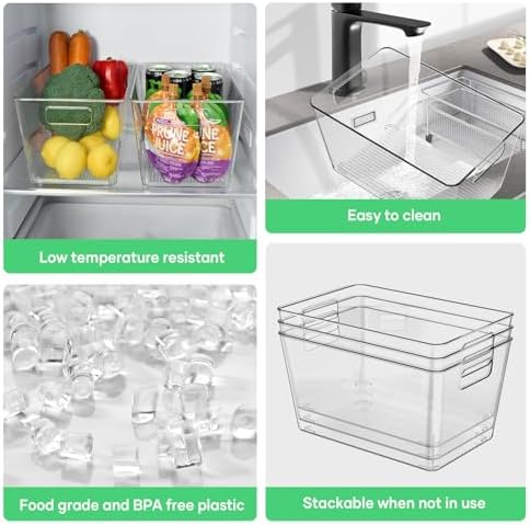 4 Pack Clear Plastic Storage Bins, 11" Large Pantry Organizer Bins with Handles, Plastic Containers for Refrigerator,BPA