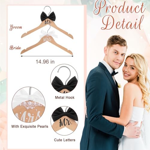 Beeveer 2 Pcs Bride Groom Wooden Hangers Bow Tie Wedding Gift,Mr.&Mrs