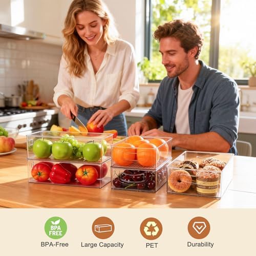 Hudgan Clear Storage Bins 8 Packs for Refrigerator, 4 Large Stackable Pantry Organizer Bins and 4 Medium Storage Plastic