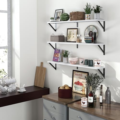 Heimlove Floating Shelves for Wall, 36 Inch Long Wood Floating Bookshelf Set of 3, Wall Mounted Hanging Shelf for Bathro