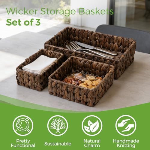Wicker Storage Baskets Set of 3, Large and Small Pantry Baskets Set, Brown