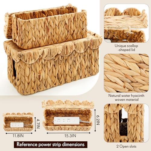 Patelai 2 Pack Scalloped Cable Management Box Water Hyacinth, Natural Color