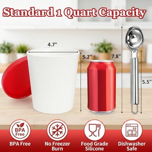 Peohud 4 Pack Ice Cream Containers, 1 Quart Freezer Storage Tubs with Silicone Lids and Spoon for Ice Cream, Sorbet and Gelato, Freezer Dishwasher Safe