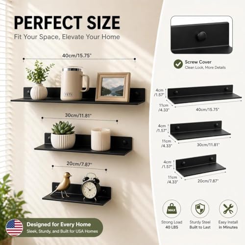 Z metnal Bathroom Shelf, Small Floating Wall Shelves, Decorative Ledge Shelf, Aluminum, Wall Mounted, Matt Black, 16/12/
