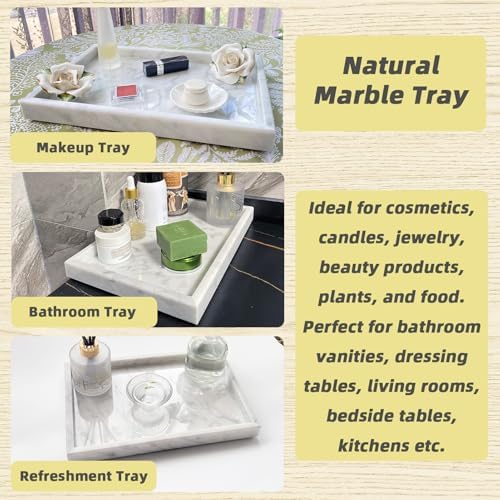 Yew & Tulip Natural Carrara White Marble Vanity Tray, Natural White Marble Serving Tray for Bathroom, Kitchen, Vanity, H