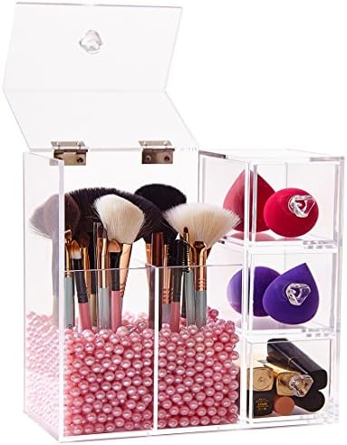 Clear Acrylic Covered Makeup Brush Holder with Dustproof Lid, 3 Drawers, Pearls Beads for Cosmetics Brushes Storage (Pin
