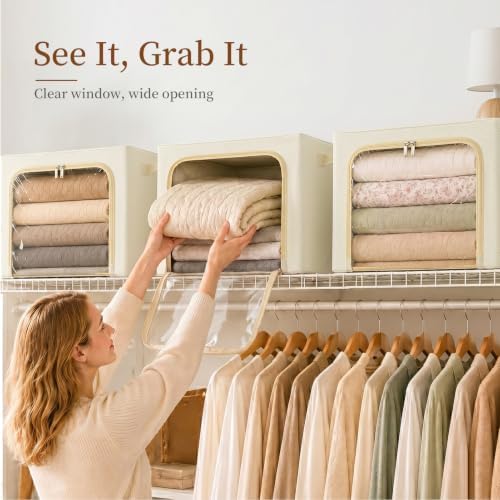 GoMaihe Clothes Storage Bins with Metal Frame for Blanket 3 Pack 66L Beige