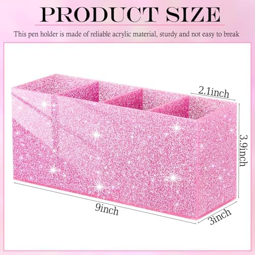 Jetec Acrylic Pen Holder for Girl Desktop, 4 Compartments, Sparkly Pink