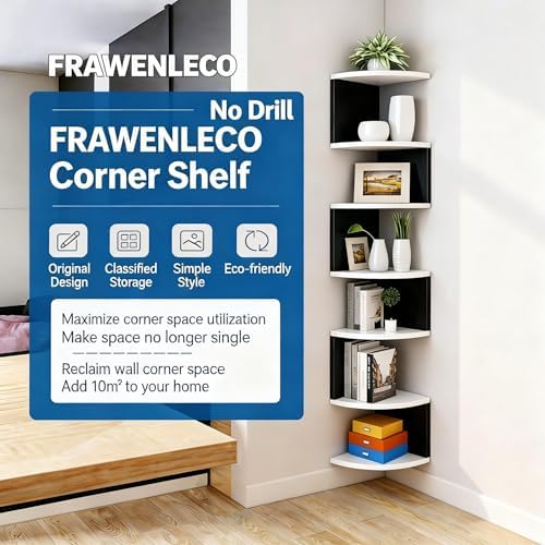 No-Drill Corner Shelf Wall Mount, 7-Tier Floating Corner Bookshelf with Hooks, Space-Saving Zigzag Plant Shelf for Bedro