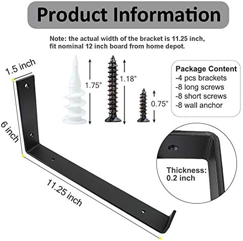 Shelf Brackets 12 Inch 4PCS Heavy Duty Frosted Black Wall Bracket with Lip for Floating Shelves Rustic Iron Metal Shelf 