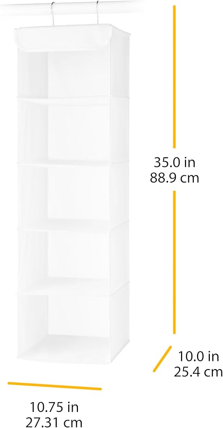 Whitmor 5 Tier Shelf Hanging Closet Organizer, Hanging Shelves with 2 Sturdy Metal Hooks,Foldable(White)