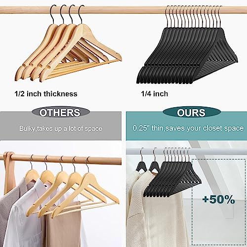 20 Luxury 16.5" Ultra Thin Space Saving Black Wooden Hangers, 360 Degree Swivel Hook, Best for Suit, Coat, Shirts, Blouses, Pant, Dress Hangers Black with Gold Hook