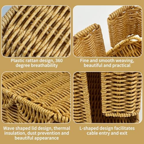 2 Pack Scalloped Edge Cable Management Box Handmade, Plastic Rattan Cable Organizer Box to Hide Wires, Under Desk Cord O