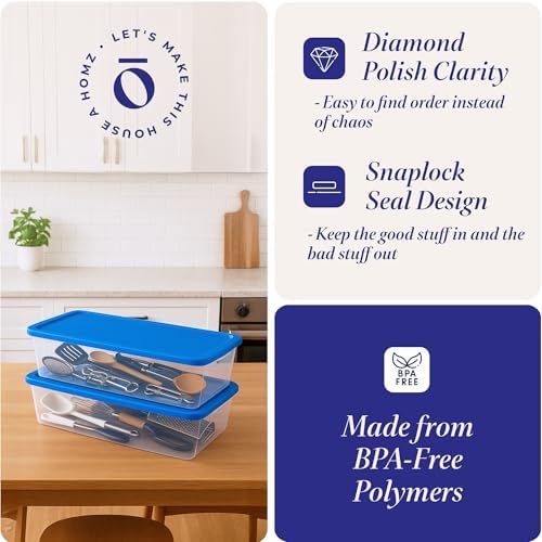 HOMZ 2-Pack Snaplock, Large Clear Plastic Storage Organizer Bins w/Lids, 41 Quart, Blue - Stackable Container Boxes for 
