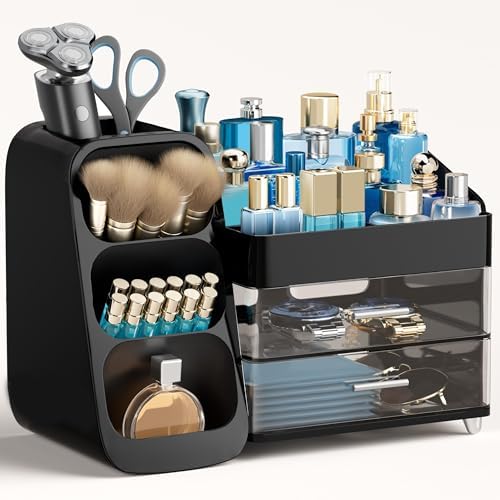 HBlife Cologne Organizer for Men Makeup Organizer with Brush Holder for Vanity, Large Plastic Bathroom Countertop Organi