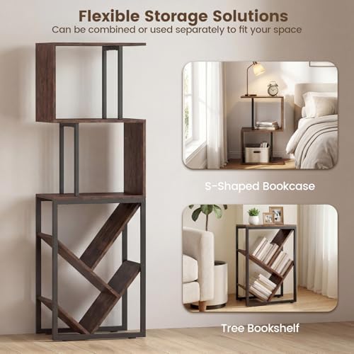 Tangkula 6-Tier Bookshelf, Floor Standing S-Shaped Geometric Bookcase with Open Shelves, Industrial Tree Display Rack St