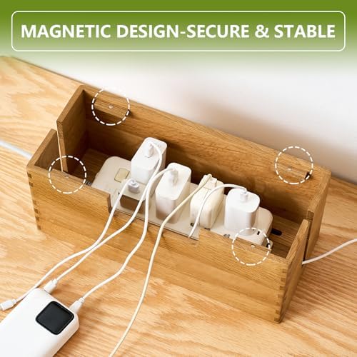 Oak Wood Cable Management Box - Large Cord Hider & Organizer with Magnetic Lid for Desk & Floor Cables in Home Office, L