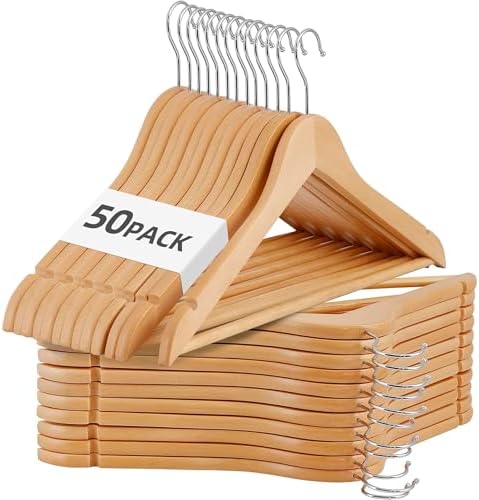 Nouva Wooden Clothes Hangers 50 Pack, Non-Slip Grooved Shoulder Coat Hanger, Slim for Shirts, Jackets, Dress, Pant
