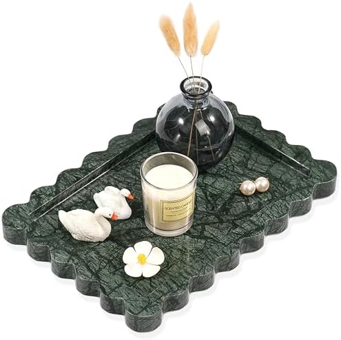 Scalloped Green Marble Tray - Large Home Decorative Stone Vanity Perfume Candle Plates for Bathroom Accessories Coffee T