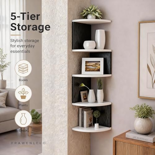 No-Drill Corner Shelf Wall Mount, 5-Tier Floating Corner Bookshelf with Hooks, Space-Saving Zigzag Plant Shelf for Bedro