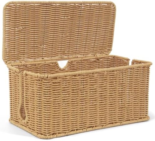 ZhiYo Rattan Cable Management Box, Brown Cord Organizer, 13.5" x 6.2" x 6"