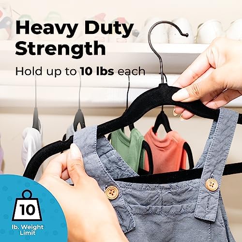 Fontaines Luxury Kid's Black Velvet Felt Non Slip Clothes Hangers 50 Pack - Ultra Slim & Space Saving - Heavy Duty Swivel Black Hook for Children's Clothing, Shirt, Dress, Skirt & Pants Organization