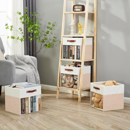 Bagnizer Storage Cubes, 4 Pack Linen Foldable Storage Bins with Clear Window and 2 Handles, 13x15x13 Storage Cube Bins for Shelf Closet, Kallax, Clothes, Books - (Beige / Off-White)