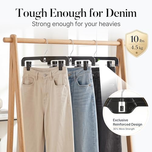 HOUSE DAY 14 Inch Black Plastic Pants Hangers with Clips 12 Pack