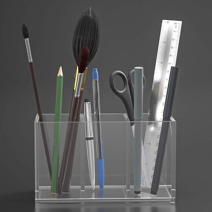 NIUBEE Acrylic Pen Holder 3 Compartments, Clear Pencil Organizer Cup for Countertop Desk Accessory Storage